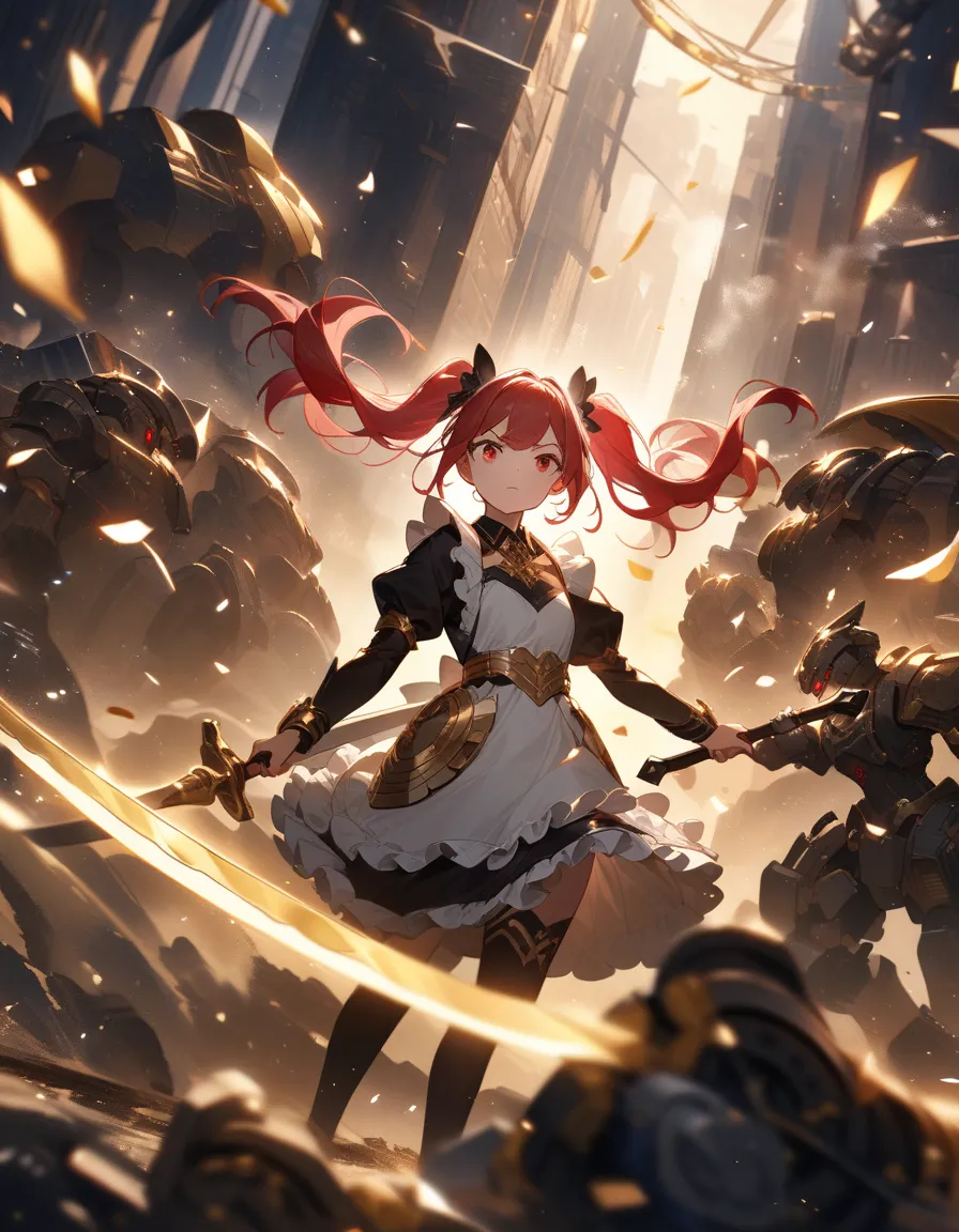 Machine equipment　maid clothes　 Gold　twin tails　 breasts are small　battle　1 girl, high resolution,  Gold, twin tails,  red eyes, Katyusha,　Wield a sword