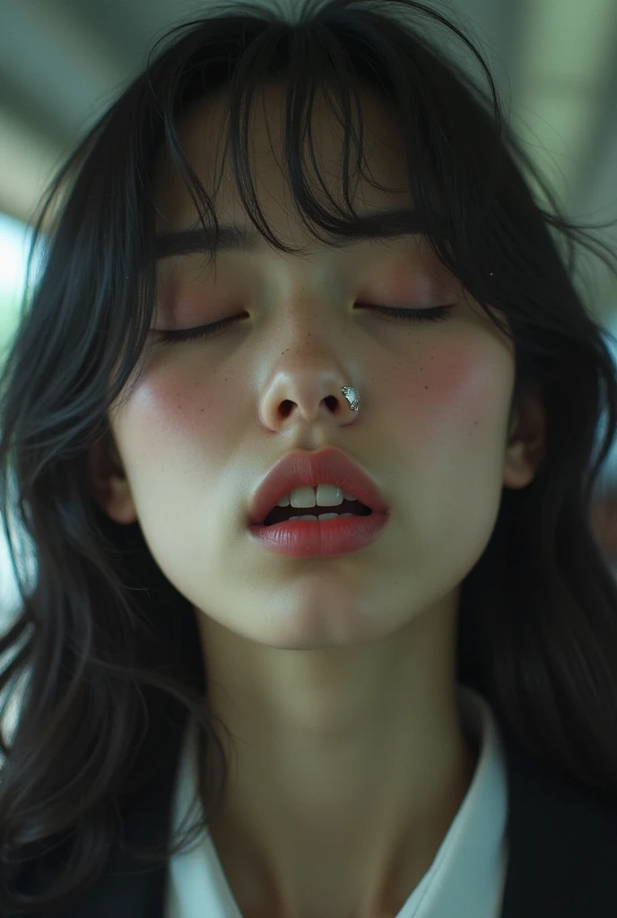 1 girl, debris flies,,Award-winning photograph, very detailed, edge orgasm , face focus, ( a woman with her mouth open and her eyes closed ), 30 years old、 black hair、 shiny skin、 face close-up , from below、realistic nostrils、Long and narrow nasal cavity,,...