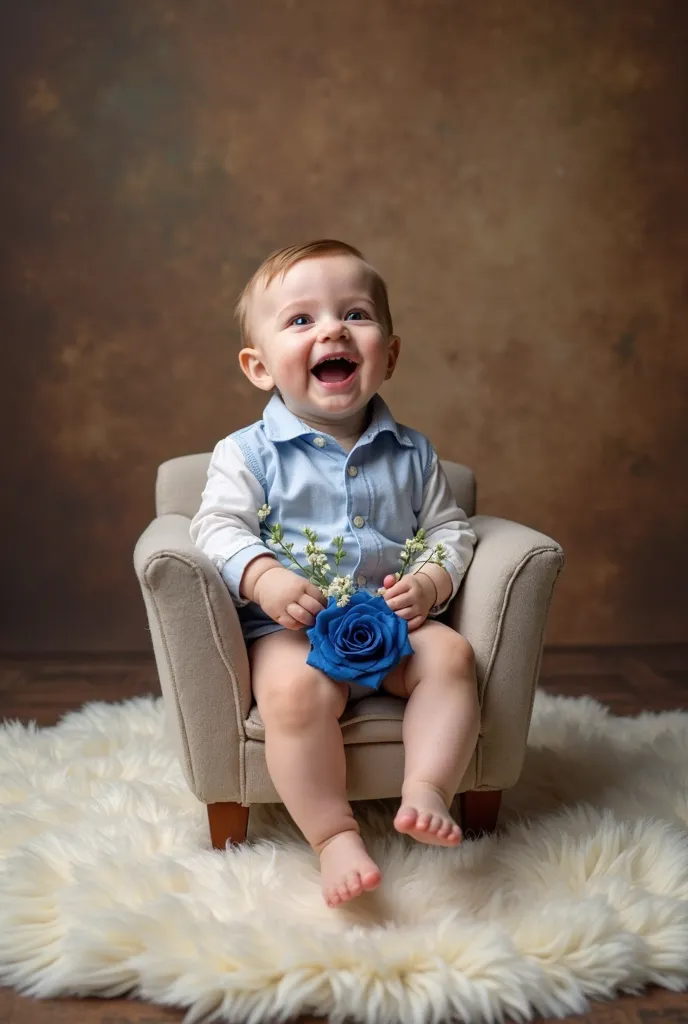 Photograph of a baby laughing sitting in a small armchair holding a blue rose and other small flowers, dressed in a light blue and white shirt with a faded brown background and a white plush carpet on the floor 