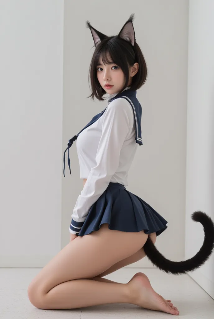 Solo gorgeous petite  catgirl with pumped-up buttocks kneeling in sexy school uniform, fluffy tail from under the skirt, photorealistic