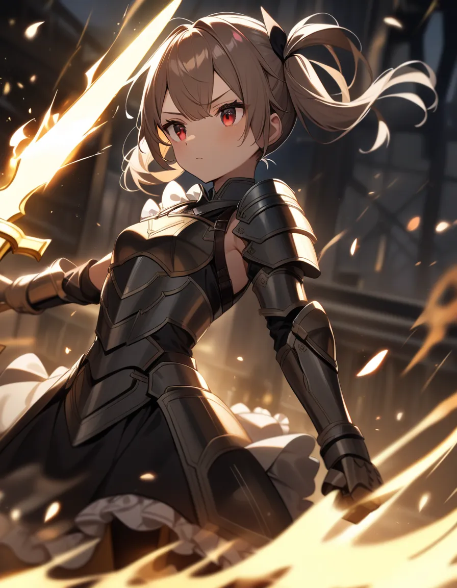  metal armor　maid clothes　 Gold　twin tails　 breasts are small　battle　1 girl, high resolution,  Gold, twin tails,  red eyes, Katyusha,　Swinging Down the Sword