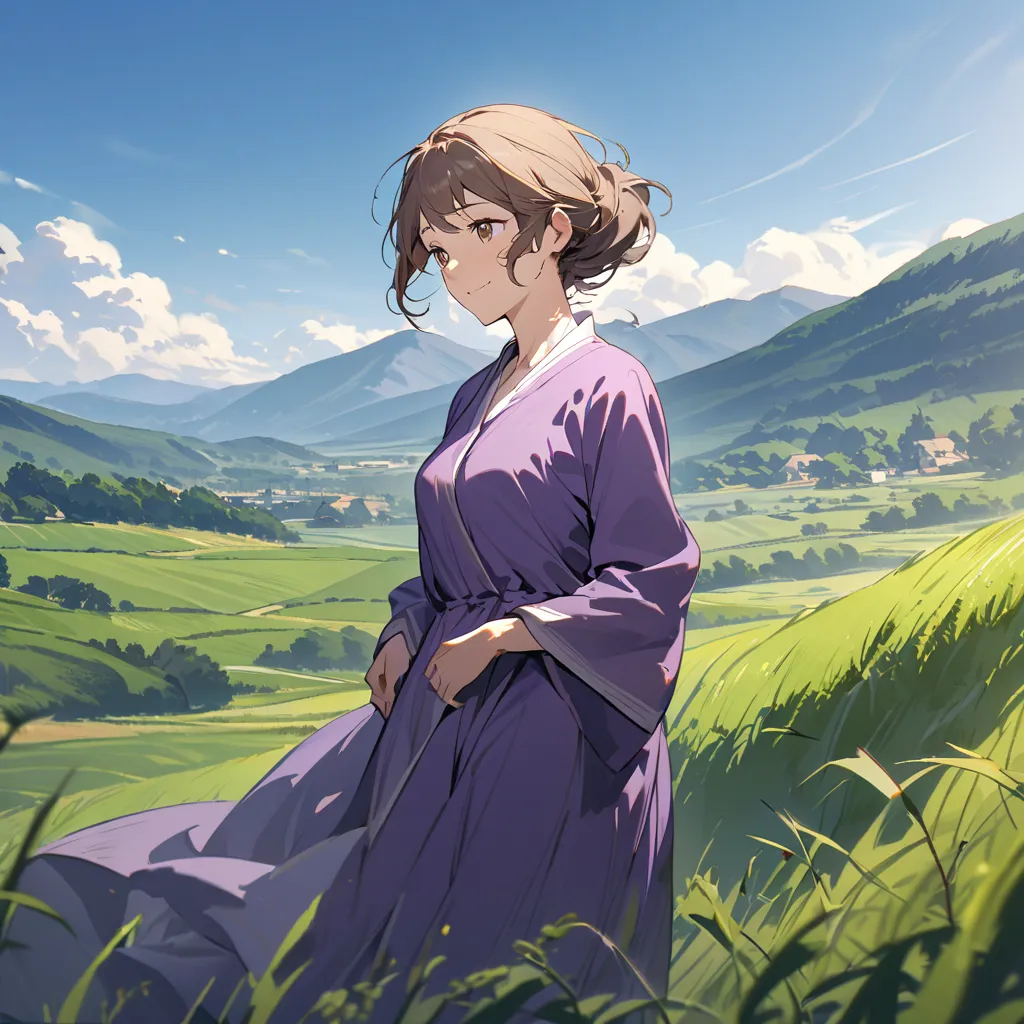 Elderly woman, adult, skinny,   long hair , brown hair, brown eyes, Dry face , smile, Roman clothing, purple tunic,solo, Fields and mountains, no bangs ，blue sky