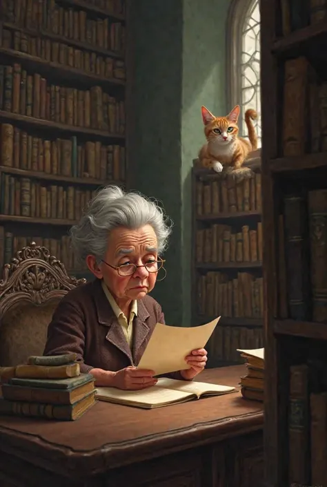 Sad Moment – Library at Risk
An elderly librarian (Miss Eleanor) reading a letter with a worried expression.
Whiskers watching from a bookshelf, sensing something is wrong.