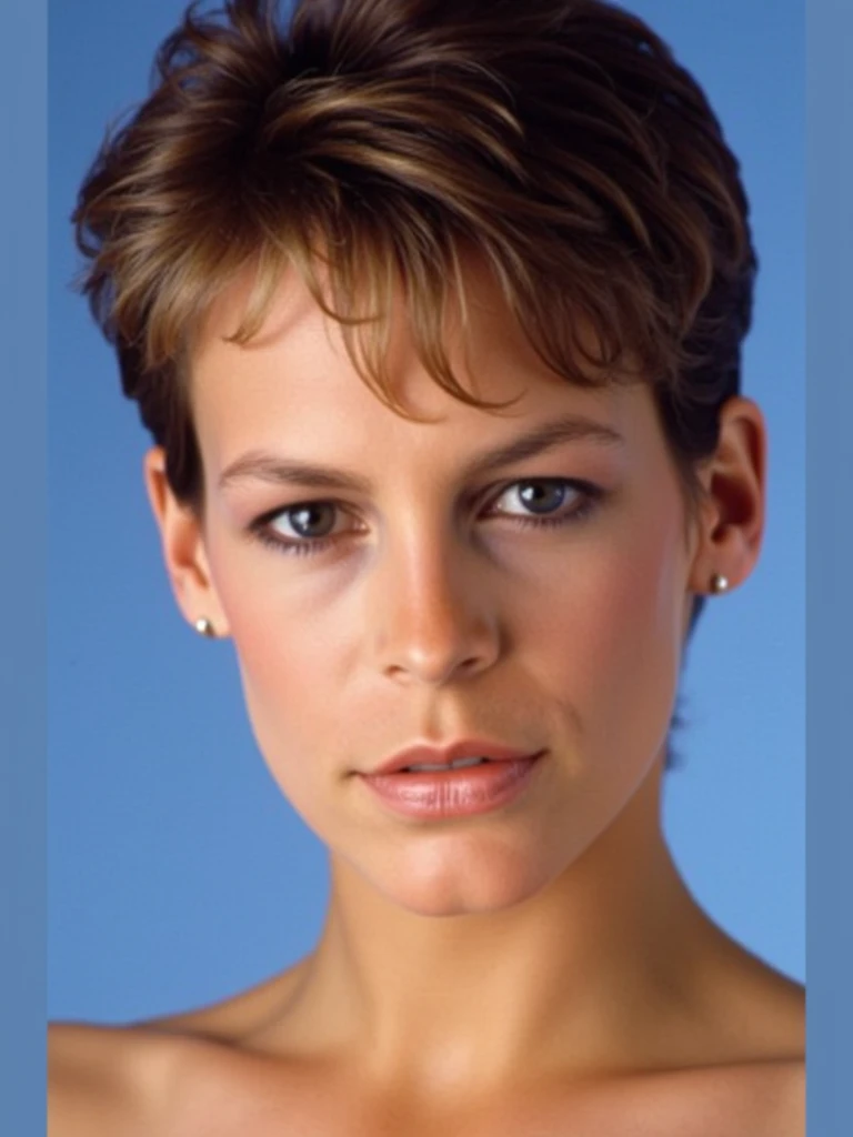 High resolution ultra detailed photo of jamie lee curtis short slick back hair, studio photoshoot 