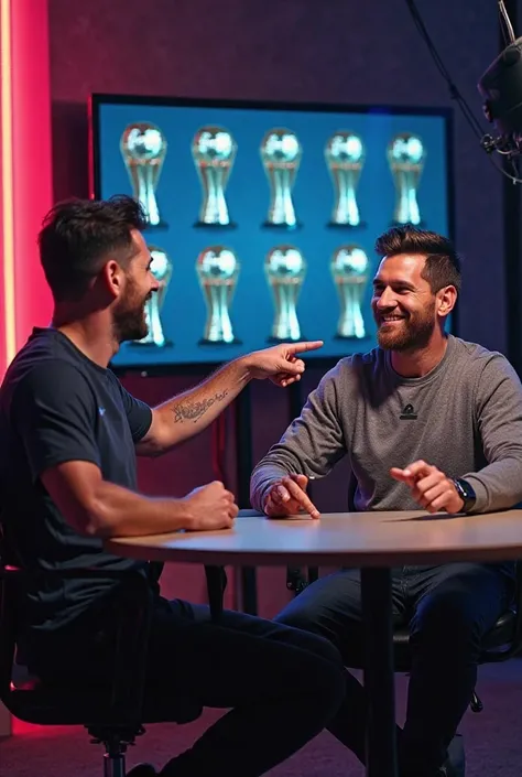 Lionel Messi smirking while pointing to a digital screen showing his eight Ballon d'Or trophies. Ronaldo, looking slightly annoyed, leans back in his chair with raised eyebrows. The podcast studio setting continues with neon lights glowing softly.