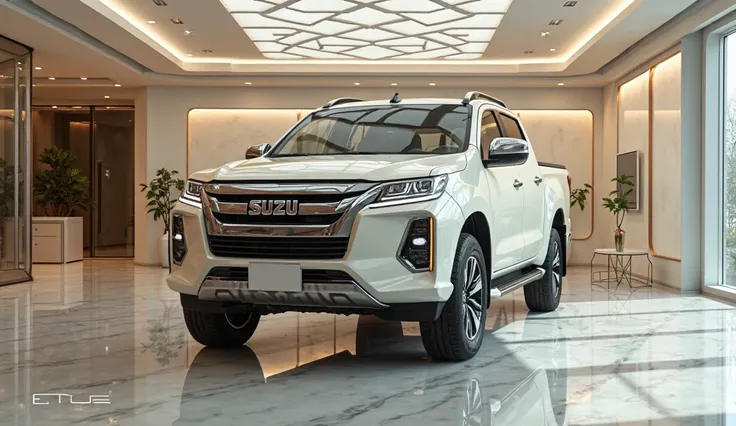 (2025 Isuzu D-Max front views color cream in 3d luxury showroom 