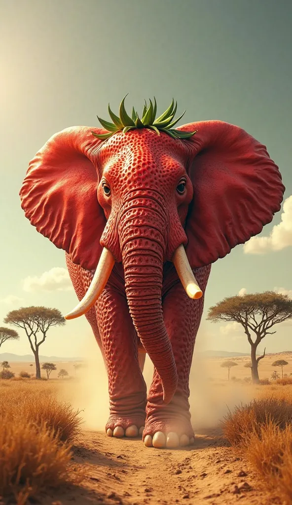 In a vast, golden savanna, where the sun blazes over endless waves of dry grass and scattered acacia trees, a colossal hybrid creature lumbers across the dusty plains. Its form is a surreal and striking fusion of an elephant and a strawberry: the grand, st...