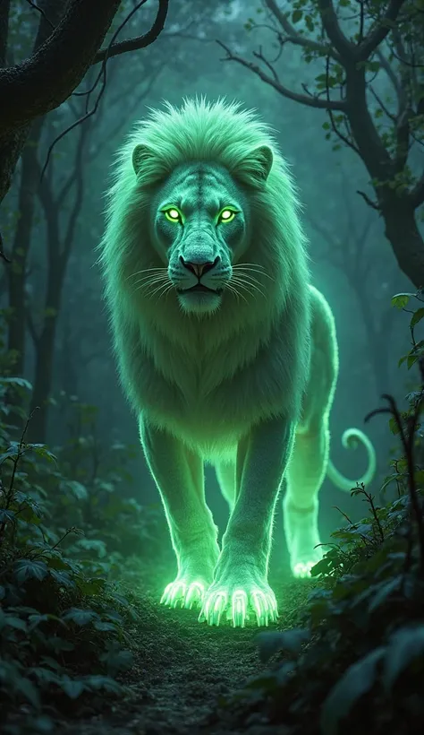 Ultra-realistic capture, Highly detailed, In the dark jungle, there is a mutant lion that glows, not strongly, but dimly, and its color is a light green like luminous paint.