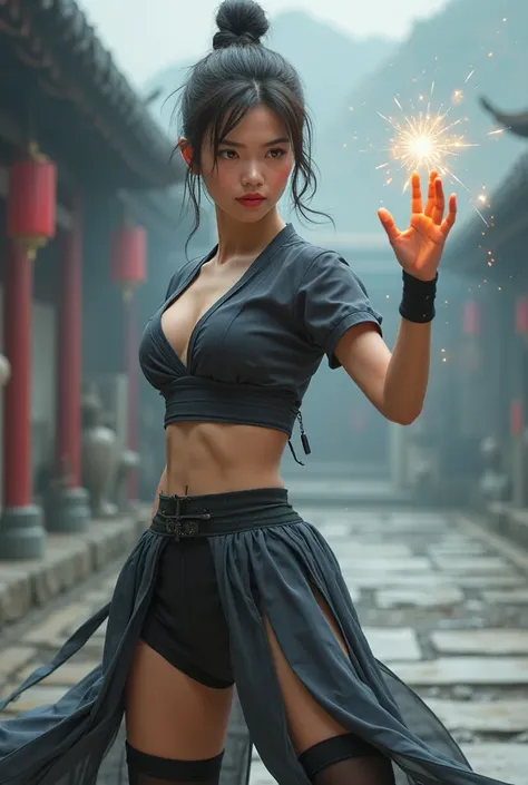 A strong and confident 20-year-old female martial artist with a striking presence, wearing an elegant yet battle-ready Chinese-style two-piece kung fu outfit. She has short, side-parted hair and sharp, focused eyes. Her outfit features a form-fitting, shor...