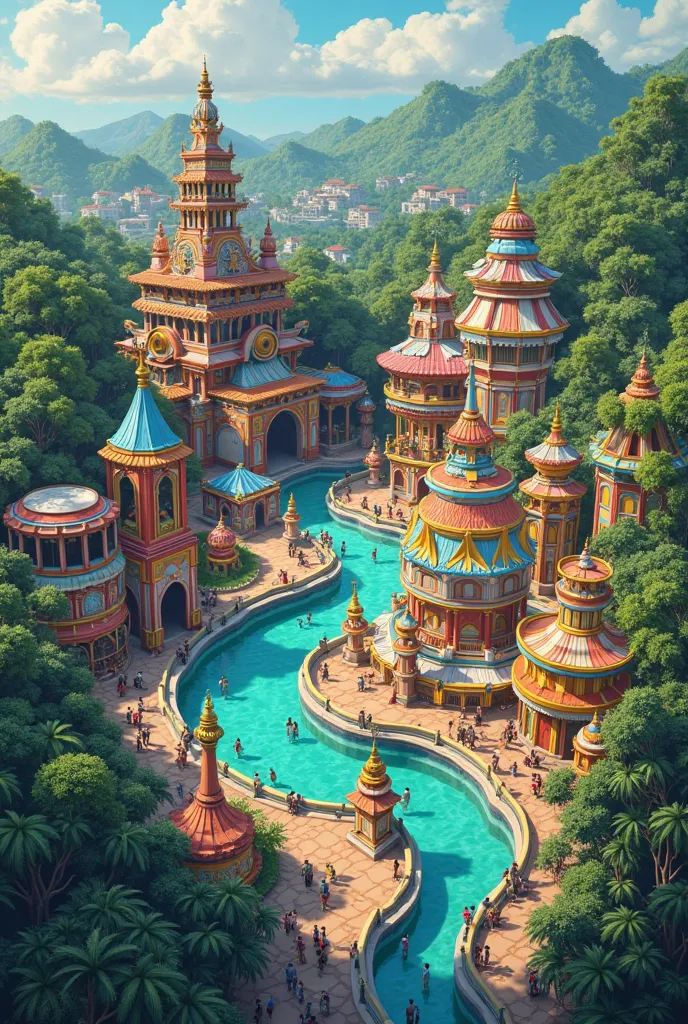 create a themepark from top view in a filipino style concept of the 7 wonders of the philippines