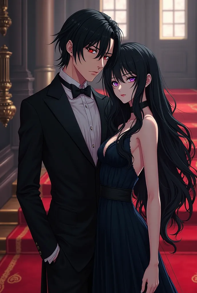 Sebastian Michaelis from black butler with a long wavy black haired woman with blue eyes standing on a red carpet. Make him look similar to sebastian michaelis anime version from black butler