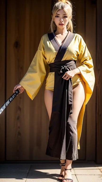 A beautiful ninja with a Japanese sword 、ponytail on panties、 yellow hair、brown skin、 Read more、 Japanese kimono、perfect face、masterpiece、is anatomically accurate、Highest quality、textured skin、full body tattoo/Japanese Carving /、Cinematic light effects、ani...