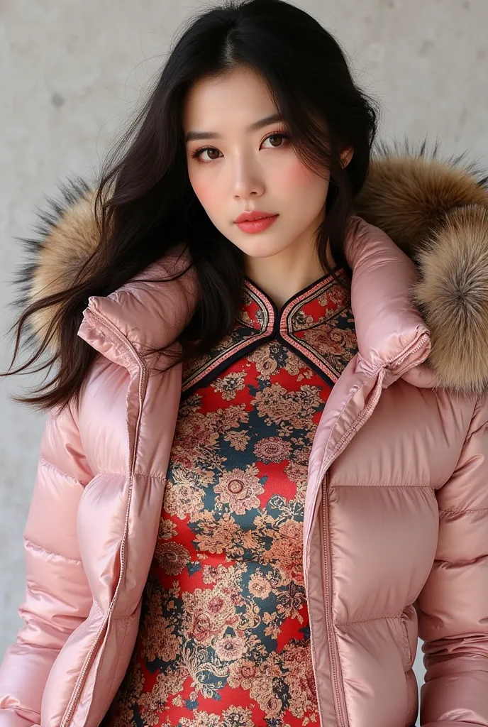 Beautiful Chinese woman, patterned silk qipao, silk tight pink moncler puffer coat, large breasts, fur hood