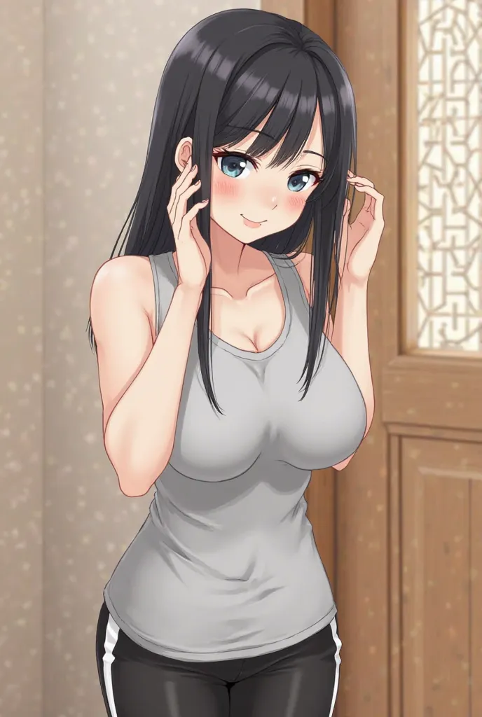  Appearance : The character has long, straight black hair falling around his face. His eyes are large with a slightly embarrassed or seductive expression, marked with flushed cheeks.

Clothes: He wears a light gray tight tank top,  that accentuates her cur...