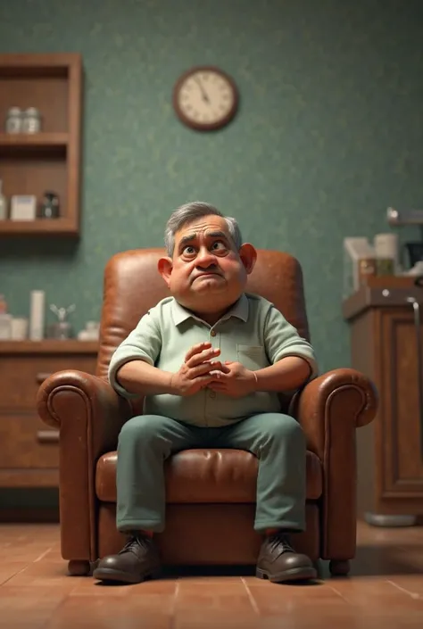 3D image style Pappu sits nervously in the doctor's clinic. How does he react when he sees the doctor?