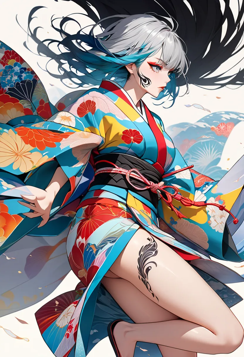 A woman in a kimono confronting gusts of wind, Highlight beautiful, fluttering kimonos, Highlight artistic tattoos, Contemporary art on the theme of kimonos and tattoos fluttering in the wind, Kimonos are a Showa retro and modern arrangement, Tattoos on th...