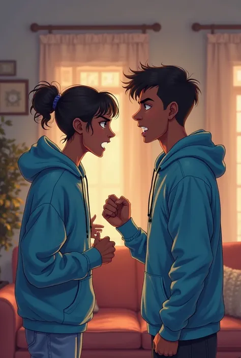 An anime pic of a brown skin couple arguing in the living room their both wearing blue hoodies they're arguing and yelling at each other 