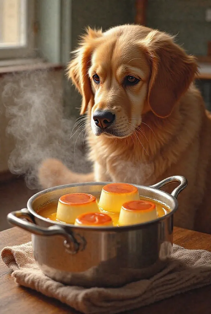 "The golden retriever places the flan molds into a steamer pot. Steam rises as the flans slowly cook, turning creamy and smooth. The dog watches eagerly, wagging its tail in excitement."