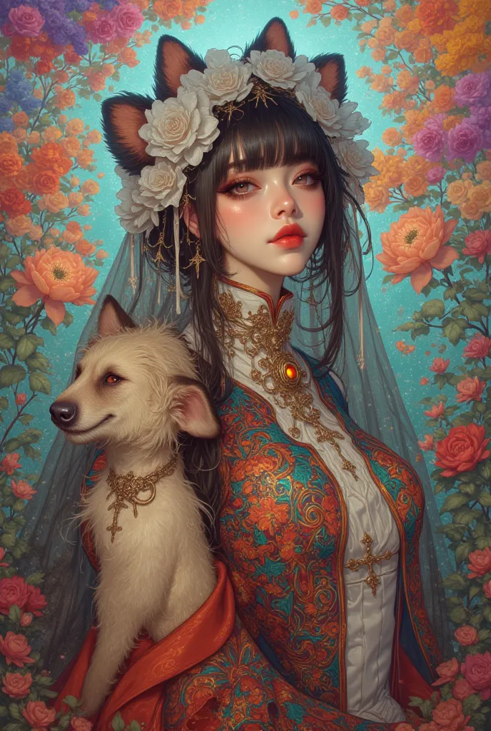 I need a surreal painting that accurately reflects the outlines of a female body, ((a body wrapped in a thin mesh tulle, adjacent to the body)), the face of an oriental beauty, an anthropomorphic hyena girl, an ambitious, responsible and intelligent woman ...