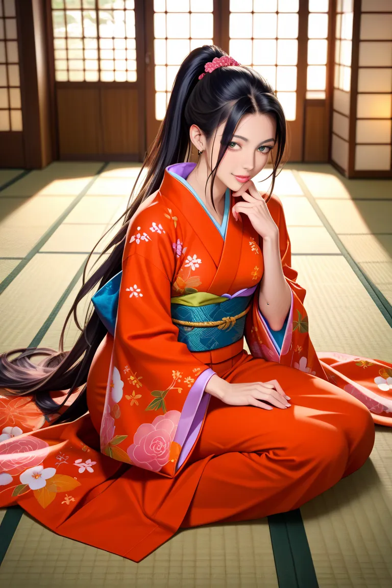 HD、 one woman、Festive attire、Long-sleeved kimono、 black hair、Long Hair、ponytail、 so I can see my whole body、 tatami room、A man lies down、 having sex,nsfw