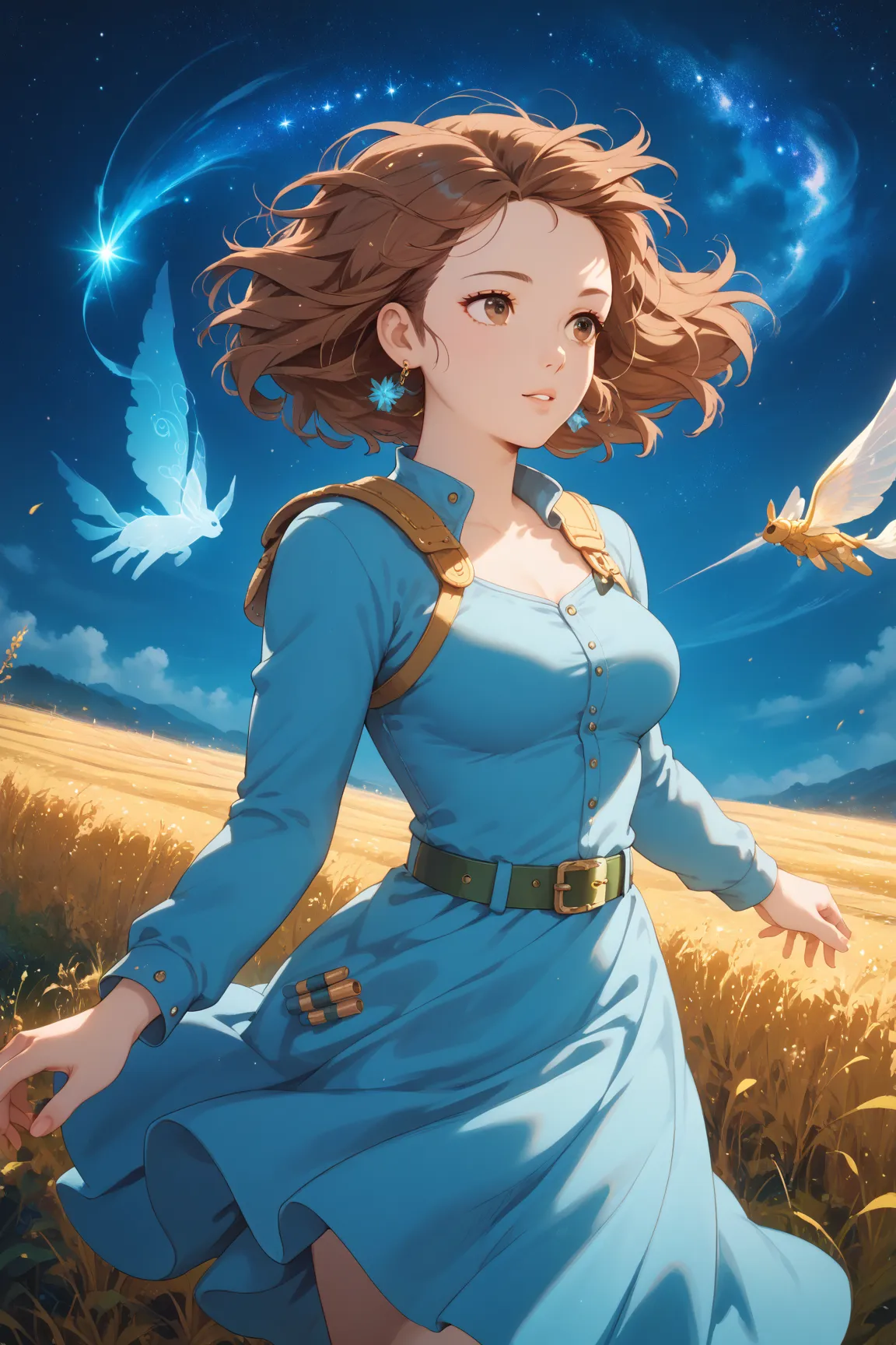 walking in the wind, Nausicaa,1girl,brown hair,medium hair,brown eyes, breasts,earrings,blue dress,chest bullet holder,long_sleeves, belt, Golden Grass, spirit of the wind, Ohmu, night, Starry sky, Golden spores, flying spores