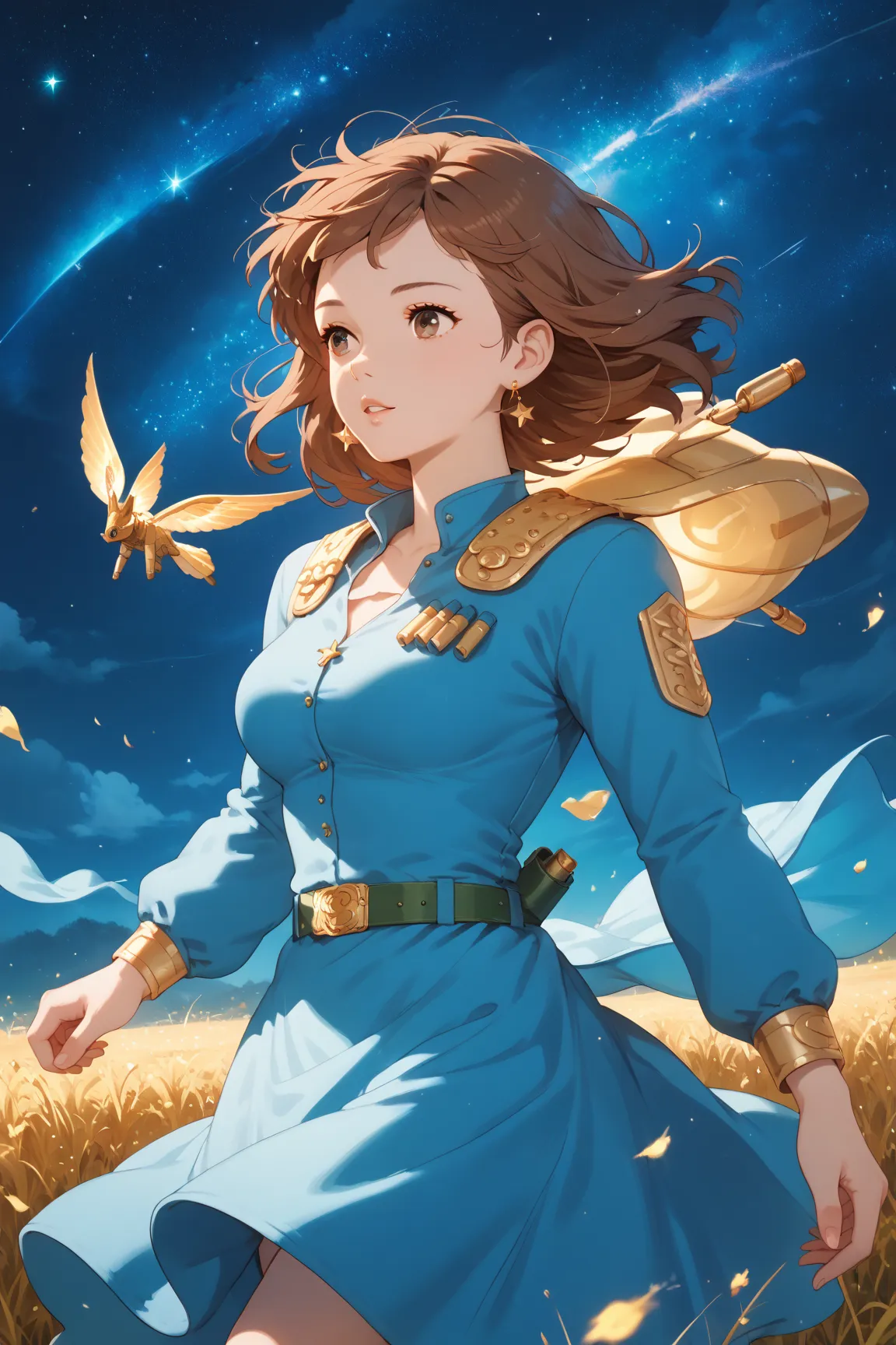 walking in the wind, Nausicaa,1girl,brown hair,medium hair,brown eyes, breasts,earrings,blue dress,chest bullet holder,long_sleeves, belt, Golden Grass, spirit of the wind, Ohmu, night, Starry sky, Golden spores, flying spores