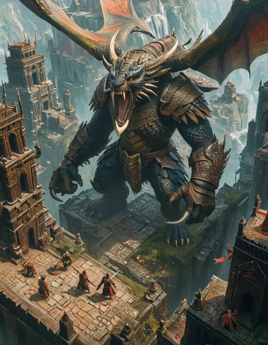 Bird eye view, full body of a warrior with a giant axe defending himself against a character fusion between Dragonfly and large creature who is lunging at him with their mouth wide open.