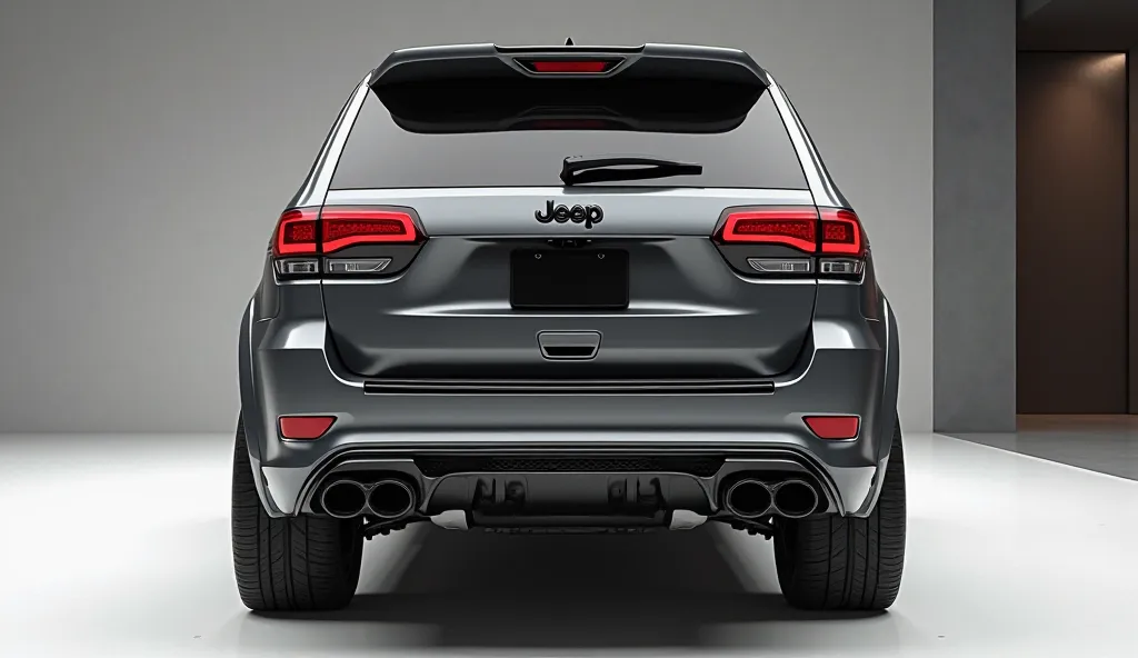 create an ultra-detailed 3D render  back bumper view)of a modern( 2024 jeep grand Cherokee)with a bold designy  looking long like limousine captured from (back bumper view) The car should feature a 'Gleamy oily (dark grey)' color and black accents with a '...