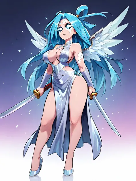 Sexy human woman with big boobs ,with sword hair , with sword on her eyes and her body , with sword powers , with sword dress,with sword wings , full body