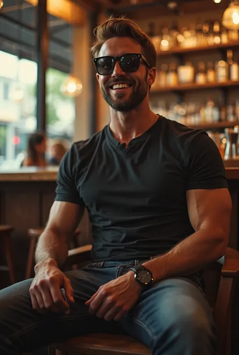 "cinematic 35mm film photograph, A professional photograph, styled like an Associated Press image, shows a perfectly handsome man sitting on a chair in the coffeeshop. he's a  movie star, athletic, wearing dark t-shirt, sunglasses and smiles. he surrounded...