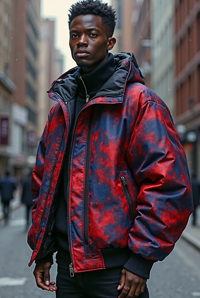 Black oversized jacket with a pattern of deep red and deep blue