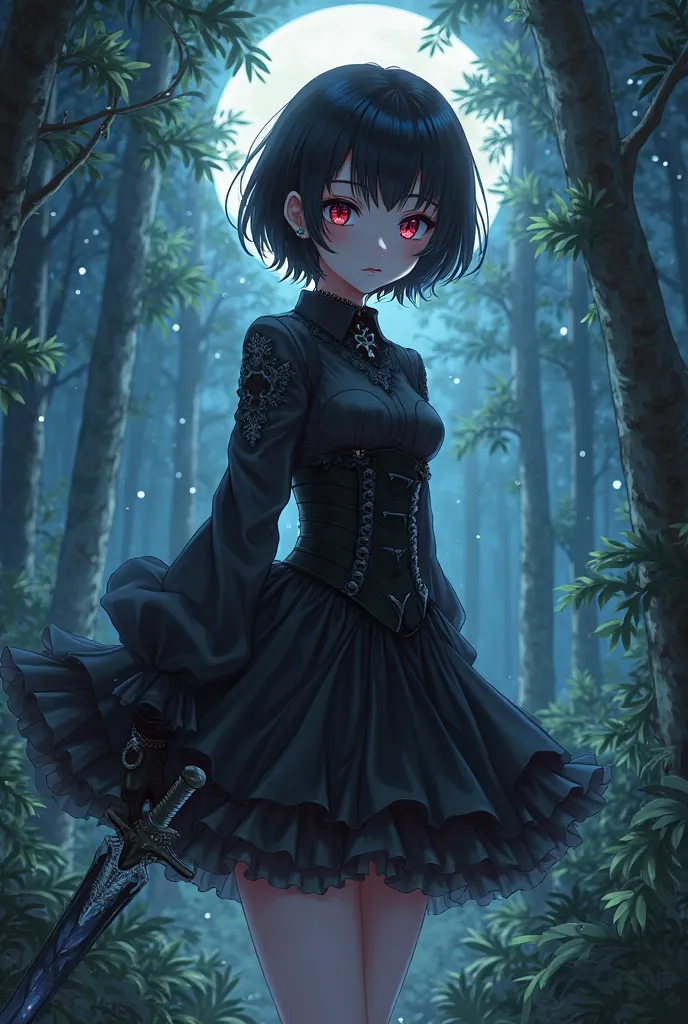 Anime girl with black short hair and red eye, she's a Princess with goth kind of dress with a mini skirt with petticoats and using Long sleeve shirt with gloves in her hand and sneaking to the forest in the night with her sword
