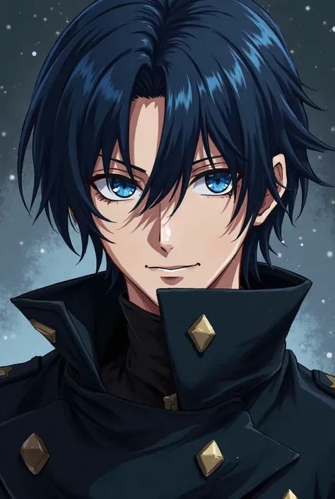 Create an anime handsome male character in heavy black coat in navy blue hair and blue eyes