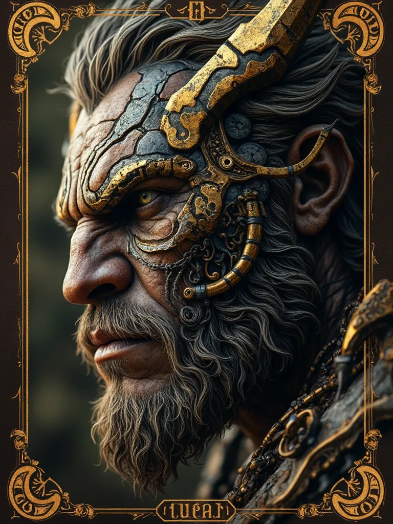 A charming close-up portrait，Look sideways，Titan giant，Runes engraved on a quaint mecha，on dark brown canvas bottom background， with black and gold tarot pattern framing ，ral-dissolve，wild，Rough，wild的星球场景， details， high quality， Ultra HD， xane value render...