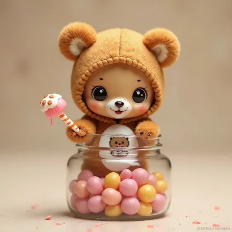  The world's smallest chihuahua baby in a Rilakkuma costume , In a jar of candy  ,  teeth、is definitely adorable and charming, 写真teethとてもリアルです、It accurately captures the subtle characteristics of small chihuahua babies,背景にteethカラフルなキャンディーがたくさん散らばっている、
