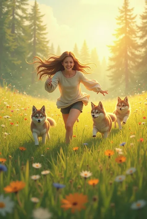 ren running through a field with baby wolves, all playfully chasing each other in golden sunlight."