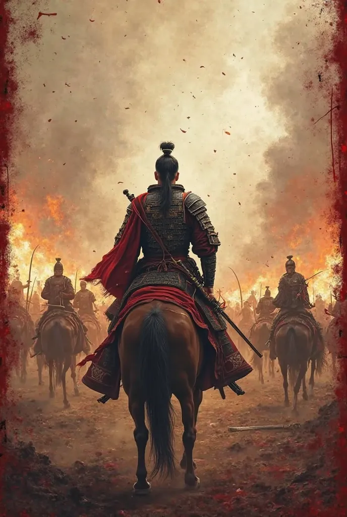 "A dramatic scene of a man standing on a battlefield, viewed from behind. He is wearing ancient Chinese armor and holding a sword in his left hand. His right arm is completely missing, with no trace of it visible. He is riding a horse amidst a chaotic, blo...