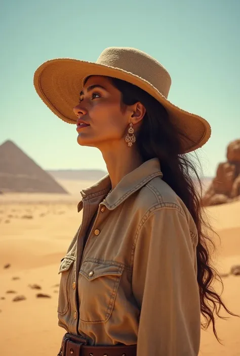 A WOMAN IN THE EGYPTIAN DESERT WITH A WOOL HAT ON HER HEAD