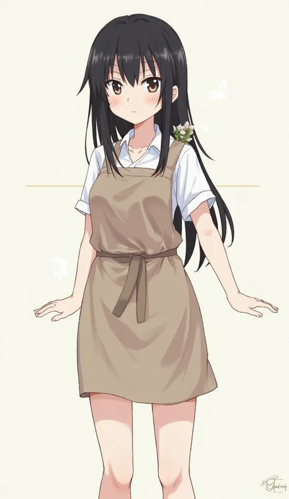 anime style picture of  from village in farming clothes full body hands leg visible black hair front and back1girl, Long Hair, Looking at viewer, Bangs, High Resolution, Closed Mouth, Hair Between Eyes, Short Hair, Closed Mouth, Simple background, Anime St...