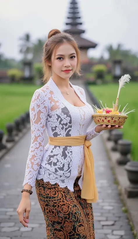 (masterpiece, best quality:1.2), 1girl, Russian Girl,very beautiful,(big hairbun:1.4), gigantic breast size, bbw, blonde hair,Alone, flower, kebaya_Bali, white_kebaya_bali, stands on bridge, facing away from the camera, facing back,  Bali temple background...