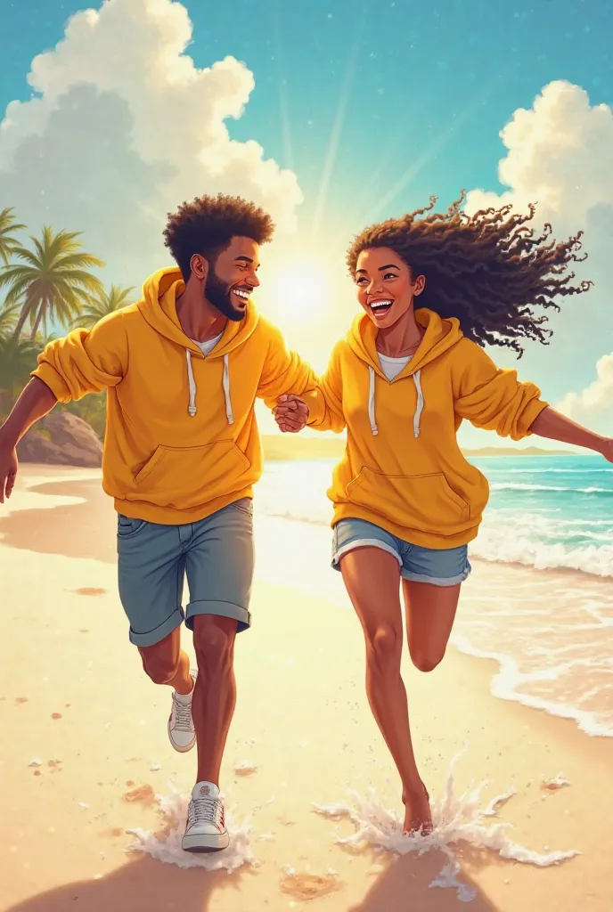 An anime pic of a brown skin couple chasing each other on the beach and laughing both of them are wearing yellow hoodies 