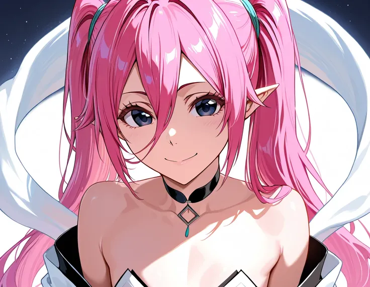 Naomi Ōtsutsuki (Bleach) extremely long pink hair. Large dark blue eyes. Flat chest. Black neck choker. Tight qipao exposing shoulders. Smile. Hair between eyes. Pointy ears. Open kimono shirt. White hagoromo.