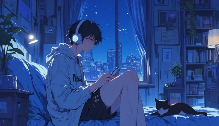  The image is an illustration of a young woman sitting on a bed in a bedroom. He is wearing a light gray hoodie. She is wearing a pair of white headphones. The headphones are resting on his head, and she is holding a smartphone in his hand. The room is dim...