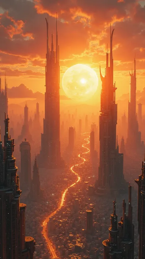 A gigantic futuristic city at sunset 