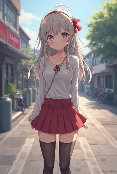 Create an anime girl without panties in stockings and a skirt on the street aged 12