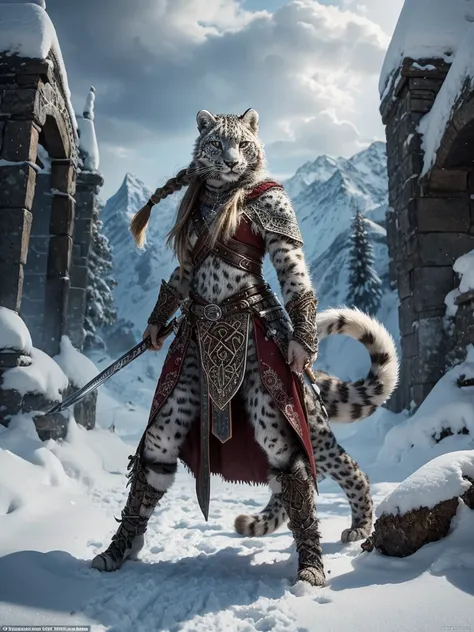 A fiercely majestic snow leopard, clad in Viking attire, exudes an aura of strength and elegance. The striking feline warrior is depicted in a stunning digital painting, showcasing intricate fur patterns and fierce, piercing eyes. Every detail, from the gl...