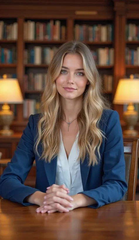 
"A young woman with long, wavy blonde hair sits at a wooden desk in a well-lit library. She wears a professional blue blazer over a white blouse, giving her an intelligent and confident appearance. Her hands are gently placed on the desk, and she looks st...