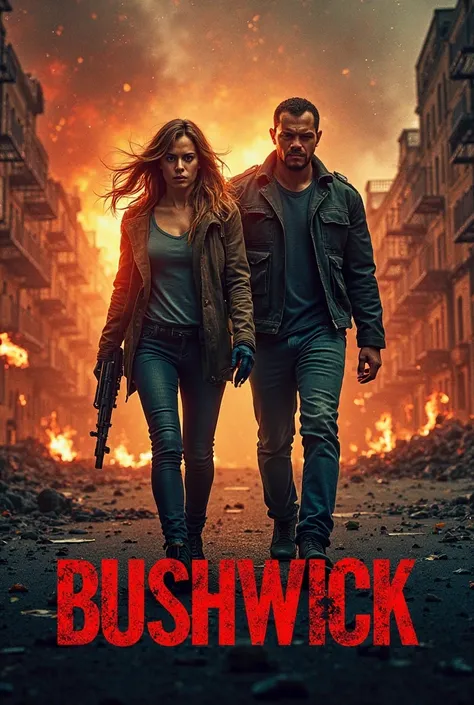 **Prompt:**

"Design a gripping, intense movie poster for *Bushwick (2017)*, featuring the main characters, Lucy (played by Brittany Snow) and Stupe (played by Dave Bautista), in the midst of chaos in a war-torn Brooklyn. The central image should show Lucy...