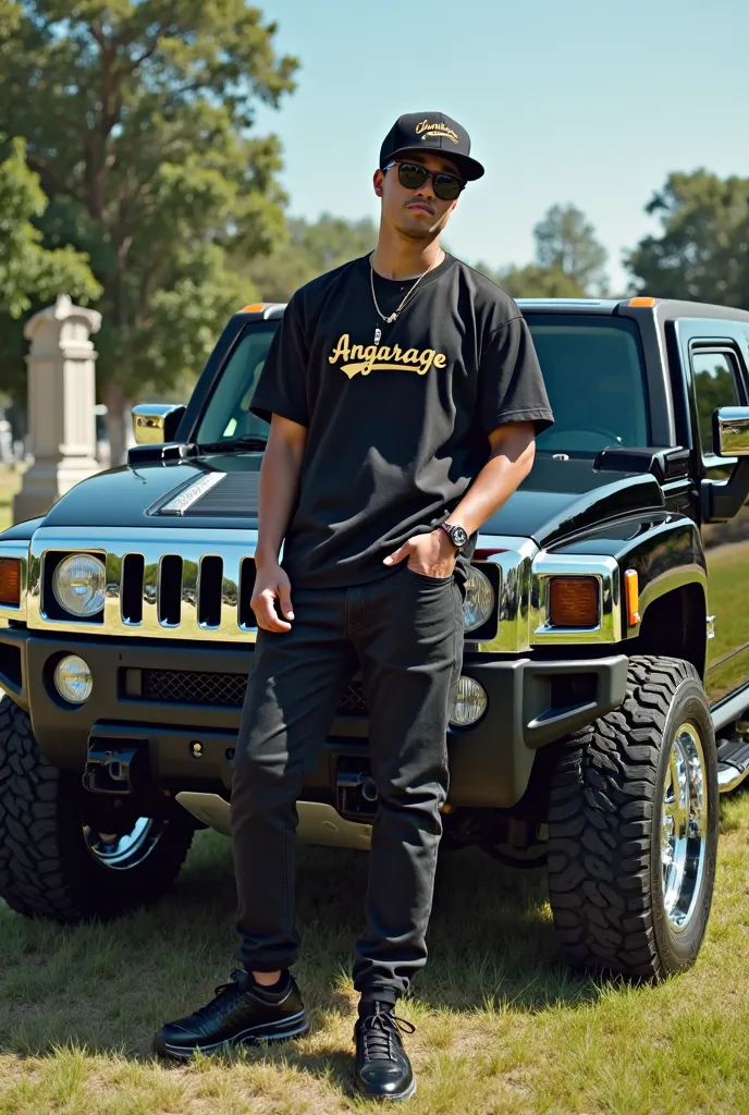 A man with a black snapback,black NFL jersey,black pants,black sneakers,sit dinamic pose on the hood,black hummer h2,Chrome rims,Angarage text on the hood,Anime-Series,Manga-Film,Sunglasses,LanceCrown text on jersey,cemetery in the background, looking at t...