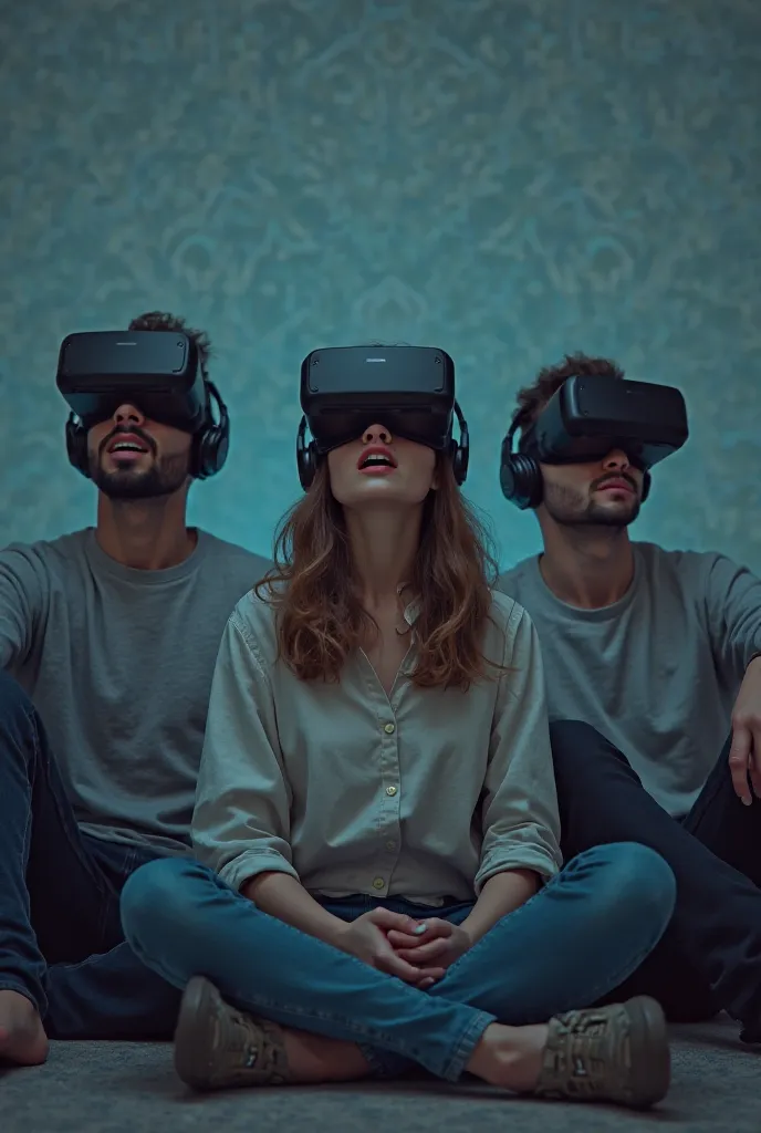 three people sitting on the floor wearing virtual glasses, one girl having a realization look